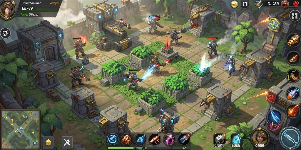 Tampilan dinamis gameplay dari EE789 yang menampilkan serangan menara.