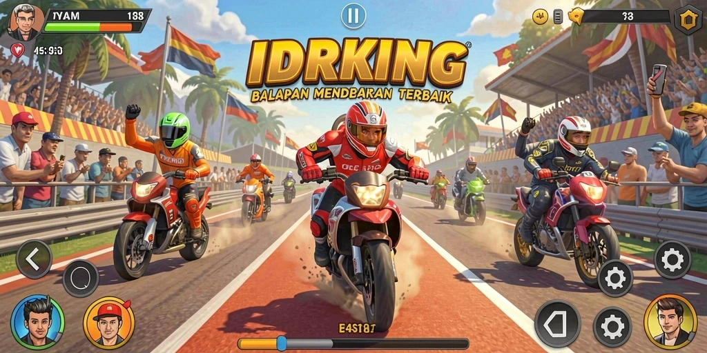 Screenshot gameplay IDRKING dengan mobil balap di lintasan yang menantang.