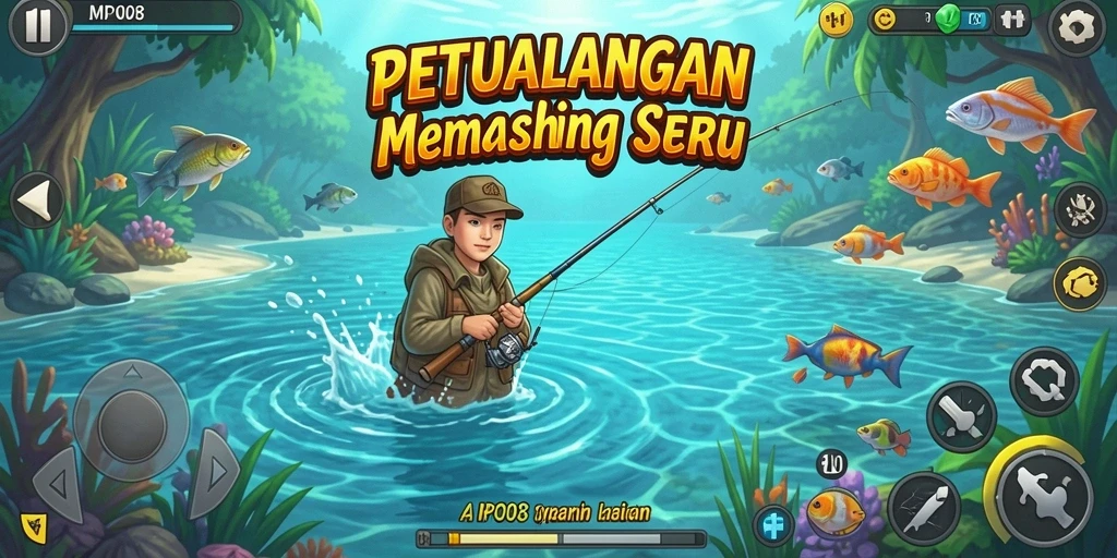 Tampilan gameplay seru dalam MPO08 saat memancing di danau yang indah.