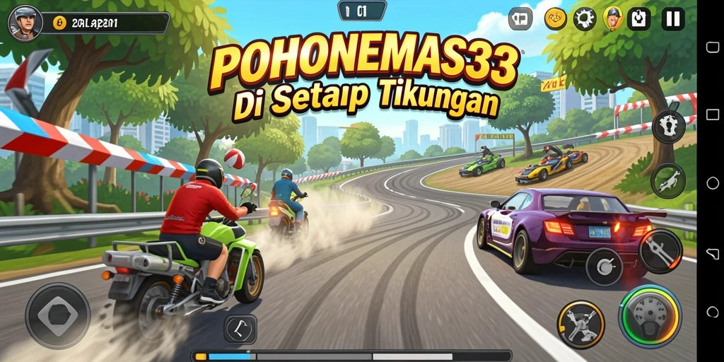 Gameplay seru POHONEMAS33 saat balapan di trek menantang.