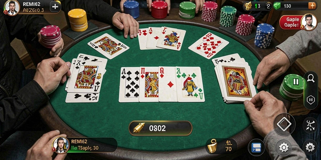 Tampilan gameplay seru di game Gaple REMI62 dengan teman-teman.