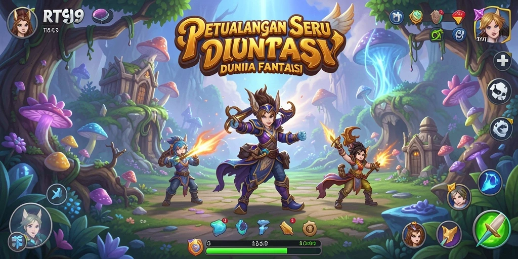 Tangkapan layar utama RT99 menunjukkan aksi petualangan yang epik.