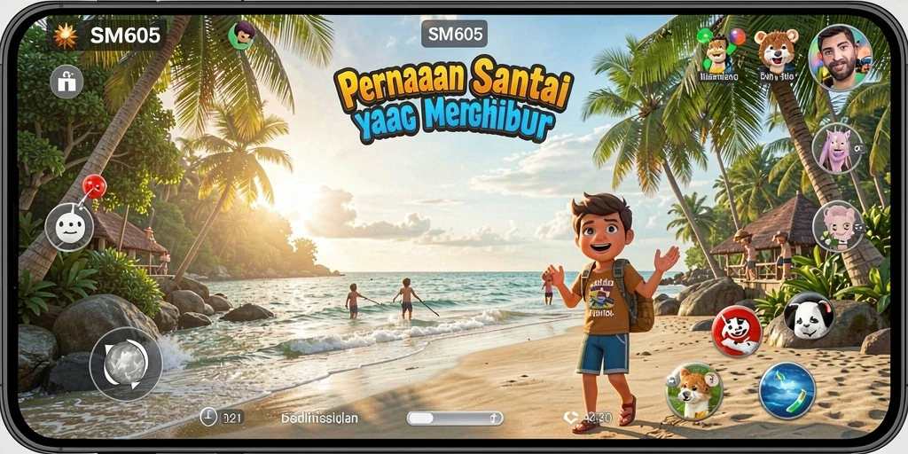 Screenshot gameplay SM605 yang penuh warna dan menghibur.