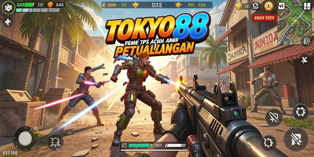 Screenshot utama TOKYO88 menampilkan aksi intens dalam lingkungan futuristik.